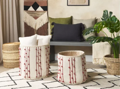 Lot De 2 Paniers En Coton Beige Et Rouge KHEL -Meilleur Meubles Magasin accessoire de rangement 13387029