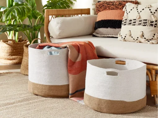 Lot De 2 Paniers En Coton Blanc Et Beige KAHAN -Meilleur Meubles Magasin accessoire de rangement 17467679