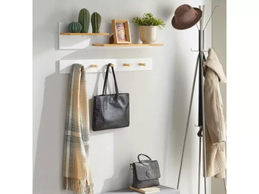 Porte-manteau Mural En 2 Parties Étagère Murale Avec 5 Crochets Et 1 étagère, FHK21-WN -Meilleur Meubles Magasin accessoire de rangement 19126209