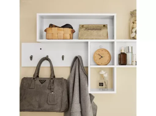 Portemanteau Étagère Murale Meuble D’Entrée Patères Avec 5 Compartiments Et 4 Crochets, FHK17-W -Meilleur Meubles Magasin accessoire de rangement 19126229