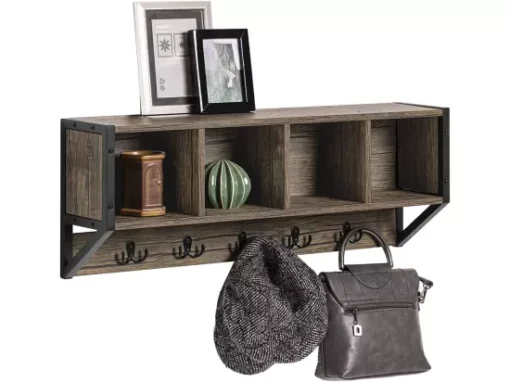 Porte Manteau Mural Étagère De Rangement Avec 4 Compartiments Et 5 Crochets, FHK25-N -Meilleur Meubles Magasin accessoire de rangement 19126245