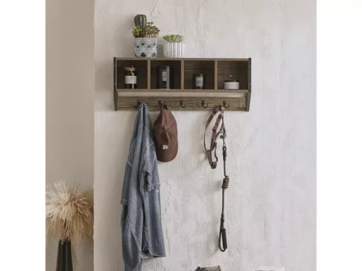 Porte Manteau Mural Étagère De Rangement Avec 4 Compartiments Et 5 Crochets, FHK25-N -Meilleur Meubles Magasin accessoire de rangement 19126247