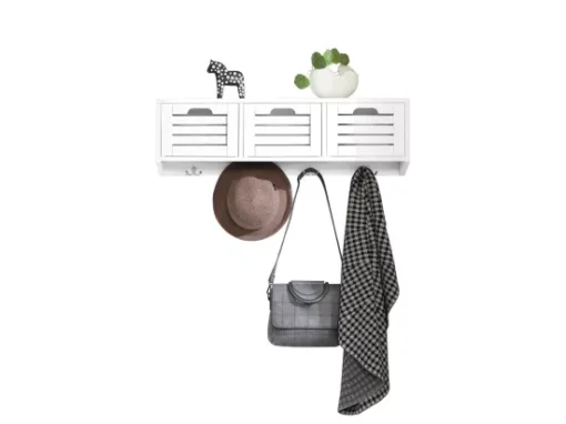Porte-manteau Étagère Murale Avec 3 Paniers Et 4 Crochets - Blanc, FHK19-W -Meilleur Meubles Magasin accessoire de rangement 19126279
