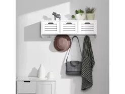 Porte-manteau Étagère Murale Avec 3 Paniers Et 4 Crochets - Blanc, FHK19-W -Meilleur Meubles Magasin accessoire de rangement 19126283