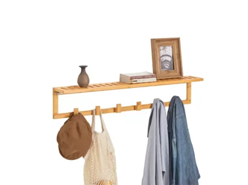 Étagère Porte-Serviette Porte-Manteau Mural En Bambou Avec Étagère Et 6 Crochets, FHK06-N -Meilleur Meubles Magasin accessoire de rangement 19126315