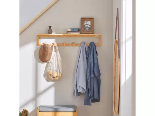 Étagère Porte-Serviette Porte-Manteau Mural En Bambou Avec Étagère Et 6 Crochets, FHK06-N -Meilleur Meubles Magasin accessoire de rangement 19126317