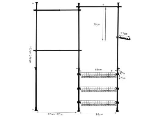 Penderie Garde-Robe Portant De Vêtement 3 Barres 3 Paniers Télescopique Système Herkule, FRG34-SCH -Meilleur Meubles Magasin accessoire de rangement 21988181