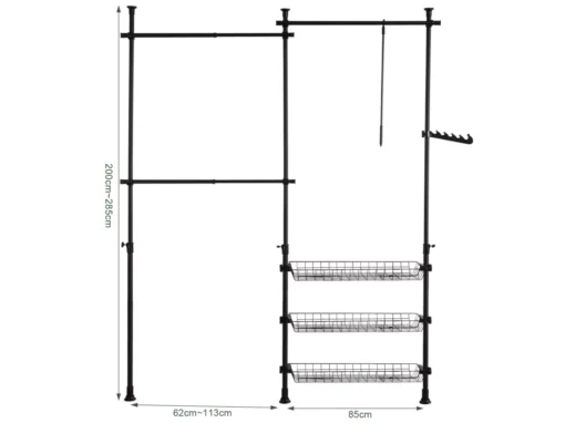 Penderie Garde-Robe Portant De Vêtement 3 Barres 3 Paniers Télescopique Système Herkule, FRG34-SCH -Meilleur Meubles Magasin accessoire de rangement 21988189