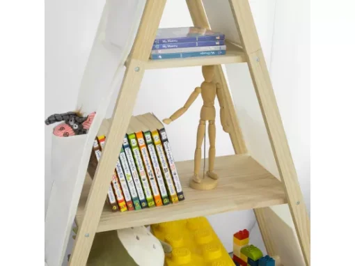 Bibliothèque Étagère Sur Pieds Pour Enfants Avec 3 étages Et 6 Pochettes Latéralaux, KMB30-WN -Meilleur Meubles Magasin bibliotheque 19400417