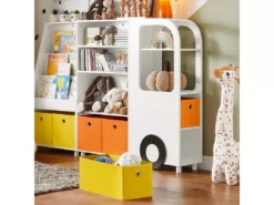 Armoire Pour Enfants, Meuble De Rangement Jouets Avec 2 Paniers Multicolores, KMB67-W -Meilleur Meubles Magasin bibliotheque 22826651