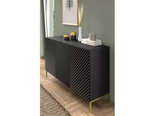 Commode SURF 150 Cm 3D Fraisé Noir Mat Pieds En Métal Doré -Meilleur Meubles Magasin buffet 19533475