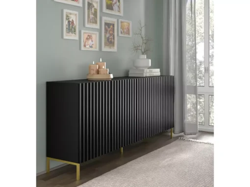 Commode WAVE 200 Cm 4D Fraisé Noir Matpieds En Métal Doré -Meilleur Meubles Magasin buffet 19533477