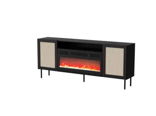 Commode YUCCA 200 Cm Noir Mat / Rotin Calabria + Cheminée électrique -Meilleur Meubles Magasin buffet 21866721