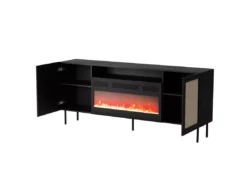 Commode YUCCA 200 Cm Noir Mat / Rotin Calabria + Cheminée électrique -Meilleur Meubles Magasin buffet 21866725