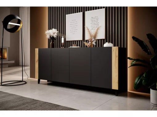 Commode PHARE 200 Cm - Buffet 4 Portes - Noir Mat / Chêne Craft -Meilleur Meubles Magasin buffet 23973715