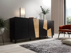 Commode VITRAIL 200 Cm - Buffet Avec 4 Portes - Noir Mat / Chêne Craft -Meilleur Meubles Magasin buffet 23973727
