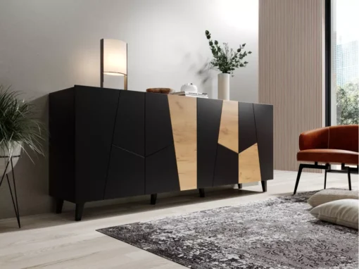 Commode VITRAIL 200 Cm - Buffet Avec 4 Portes - Noir Mat / Chêne Craft -Meilleur Meubles Magasin buffet 23973727