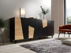 Commode VITRAIL 200 Cm - Buffet Avec 4 Portes - Noir Mat / Chêne Craft -Meilleur Meubles Magasin buffet 23973729