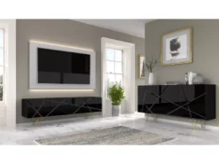 Commode SPACE 160 Cm Buffet 3D Fraisé Noir Brillant -Meilleur Meubles Magasin buffet 24154491
