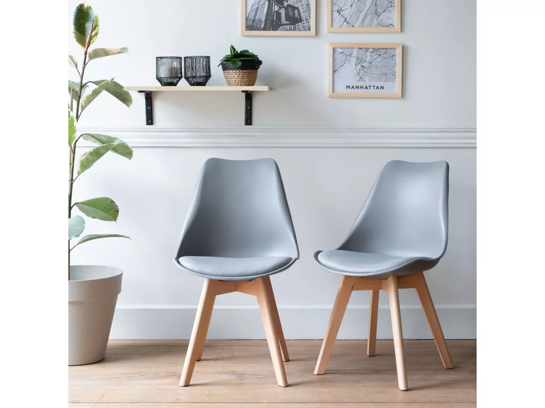 Lot De 2 Chaises Scandinaves NORA Grises Avec Coussin - HAPPY GARDEN 3 Lot De 2 Chaises Scandinaves NORA Grises Avec Coussin - HAPPY GARDEN