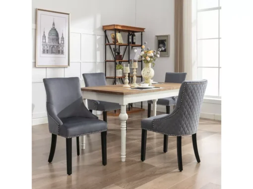 Chaise En Velours Gris Avec Dossier à Motif Losange, Lot De 4, Pieds En Bois Massif Noirs -Meilleur Meubles Magasin chaise 24418237