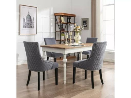 Chaise En Velours Gris Avec Dossier à Motif Losange, Lot De 4, Pieds En Bois Massif Noirs -Meilleur Meubles Magasin chaise 24418239
