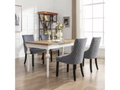 Chaise En Velours Gris Avec Dossier à Motif Losange, Lot De 4, Pieds En Bois Massif Noirs -Meilleur Meubles Magasin chaise 24418241