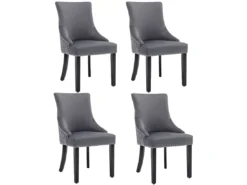 Chaise En Velours Gris Avec Dossier à Motif Losange, Lot De 4, Pieds En Bois Massif Noirs -Meilleur Meubles Magasin chaise 24418243