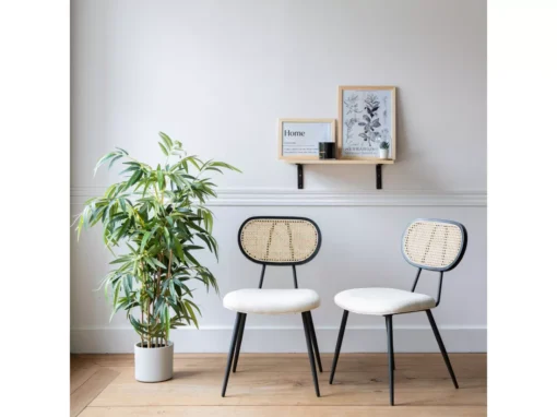 Lot De 2 Chaises En Cannage Et Tissu Boucle écru ELENA - HAPPY GARDEN -Meilleur Meubles Magasin chaise 24652147