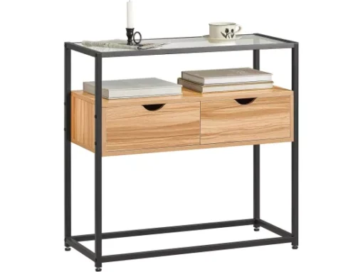 Table Console, Table D’Entrée, Meuble D’Entrée Avec 2 Tiroirs Surface En Verre Transparent, FSB54-N -Meilleur Meubles Magasin console 19406621