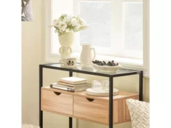 Table Console, Table D’Entrée, Meuble D’Entrée Avec 2 Tiroirs Surface En Verre Transparent, FSB54-N -Meilleur Meubles Magasin console 19406639