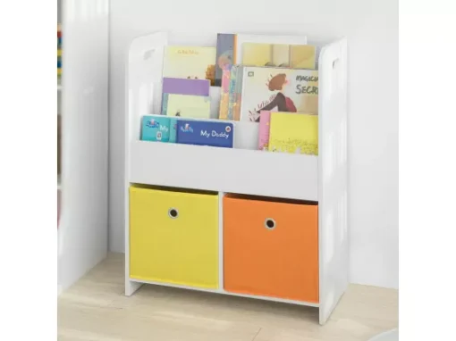 Bibliothèque Pour Livres Et Jouets Enfants Avec 3 Compartiments Et 2 Paniers Amovibles, KMB27-W -Meilleur Meubles Magasin etagere 19400497