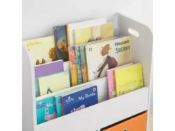 Bibliothèque Pour Livres Et Jouets Enfants Avec 3 Compartiments Et 2 Paniers Amovibles, KMB27-W -Meilleur Meubles Magasin etagere 19400501