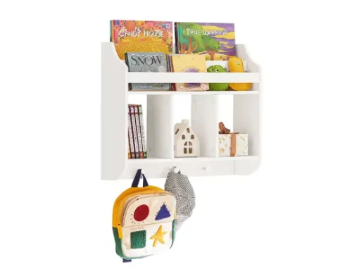 Bibliothèque Murale Étagère De Rangement Pour Enfants Avec 3 Compartiments Et 3 Crochets, KMB46-W -Meilleur Meubles Magasin etagere 19401273