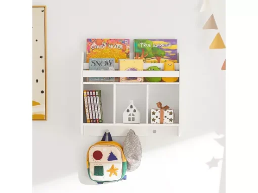 Bibliothèque Murale Étagère De Rangement Pour Enfants Avec 3 Compartiments Et 3 Crochets, KMB46-W -Meilleur Meubles Magasin etagere 19401275