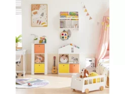 Bibliothèque Murale Étagère De Rangement Pour Enfants Avec 3 Compartiments Et 3 Crochets, KMB46-W -Meilleur Meubles Magasin etagere 19401289