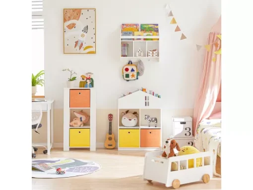 Bibliothèque Murale Étagère De Rangement Pour Enfants Avec 3 Compartiments Et 3 Crochets, KMB46-W -Meilleur Meubles Magasin etagere 19401289