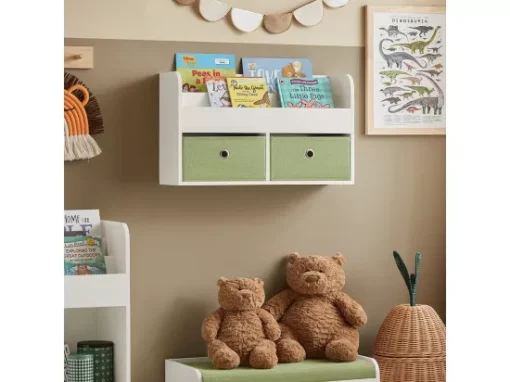 SoBuy KMB81-W Étagères De Rangement Suspendue, Bibliothèque Murale Pour Enfant à 2 Niveaux Avec 2 Boîtes De Rangement, Blanc Et Vert -Meilleur Meubles Magasin etagere 21014177