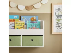 SoBuy KMB81-W Étagères De Rangement Suspendue, Bibliothèque Murale Pour Enfant à 2 Niveaux Avec 2 Boîtes De Rangement, Blanc Et Vert -Meilleur Meubles Magasin etagere 21014185