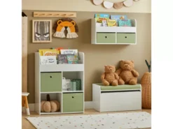 SoBuy KMB81-W Étagères De Rangement Suspendue, Bibliothèque Murale Pour Enfant à 2 Niveaux Avec 2 Boîtes De Rangement, Blanc Et Vert -Meilleur Meubles Magasin etagere 21014187