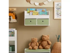SoBuy KMB81-W Étagères De Rangement Suspendue, Bibliothèque Murale Pour Enfant à 2 Niveaux Avec 2 Boîtes De Rangement, Blanc Et Vert -Meilleur Meubles Magasin etagere 21014189