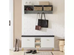 Banc à Chaussures, Armoire à Chaussures 2 Abattants Avec 2 Compartiments Ouvert Et Coussin, FSR132-W -Meilleur Meubles Magasin meuble de rangement 19203147