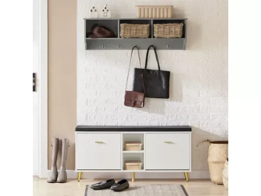 Banc à Chaussures, Armoire à Chaussures 2 Abattants Avec 2 Compartiments Ouvert Et Coussin, FSR132-W -Meilleur Meubles Magasin meuble de rangement 19203147