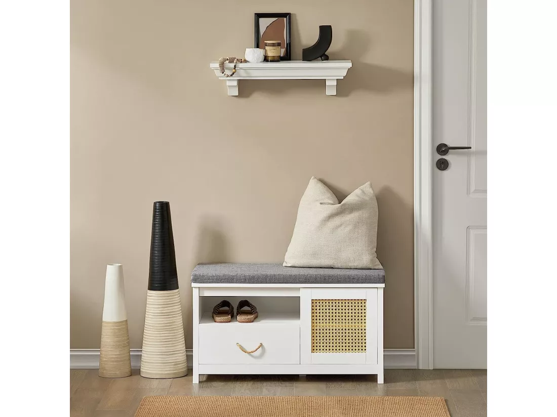 Banc De Rangement, Banc à Chaussures, Meuble D’Entrée Avec Coussin Rembourré Avec 1 Porte, FSR126-W 4 Banc De Rangement, Banc à Chaussures, Meuble D’Entrée Avec Coussin Rembourré Avec 1 Porte, FSR126-W – Image 2