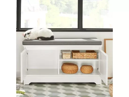 Banc De Rangement Banc À Chaussures Avec 2 Portes Et 3 Bols Meuble Bas Litière Chat, Fsr136-w -Meilleur Meubles Magasin meuble de rangement 19203661