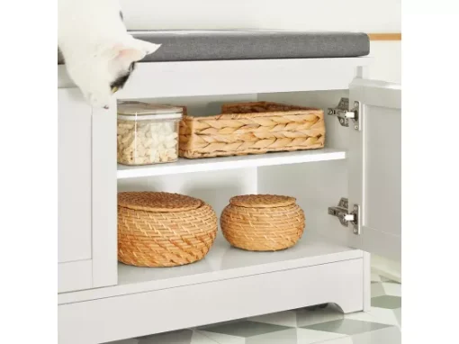 Banc De Rangement Banc À Chaussures Avec 2 Portes Et 3 Bols Meuble Bas Litière Chat, Fsr136-w -Meilleur Meubles Magasin meuble de rangement 19203675