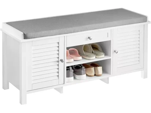 Banc De Rangement Avec Coussin Rembourré Meuble Bas Avec 1 Tiroirs, 2 Portes Et 2 Etagères, Fsr83-w -Meilleur Meubles Magasin meuble de rangement 19307131