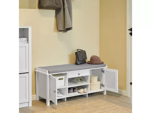 Banc De Rangement Avec Coussin Rembourré Meuble Bas Avec 1 Tiroirs, 2 Portes Et 2 Etagères, Fsr83-w -Meilleur Meubles Magasin meuble de rangement 19307133