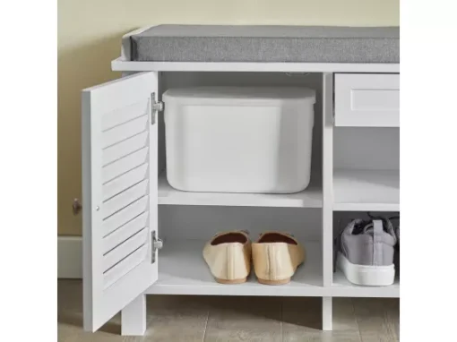 Banc De Rangement Avec Coussin Rembourré Meuble Bas Avec 1 Tiroirs, 2 Portes Et 2 Etagères, Fsr83-w -Meilleur Meubles Magasin meuble de rangement 19307149