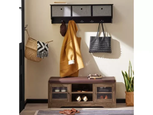 SoBuy FSR122-N Banc De Rangement, Meuble à Chaussures D'Entrée Avec Assise Coussin Rembourré, 2 Porte Vitrée Et 6 Étagères, Marron Rustique -Meilleur Meubles Magasin meuble de rangement 19408565